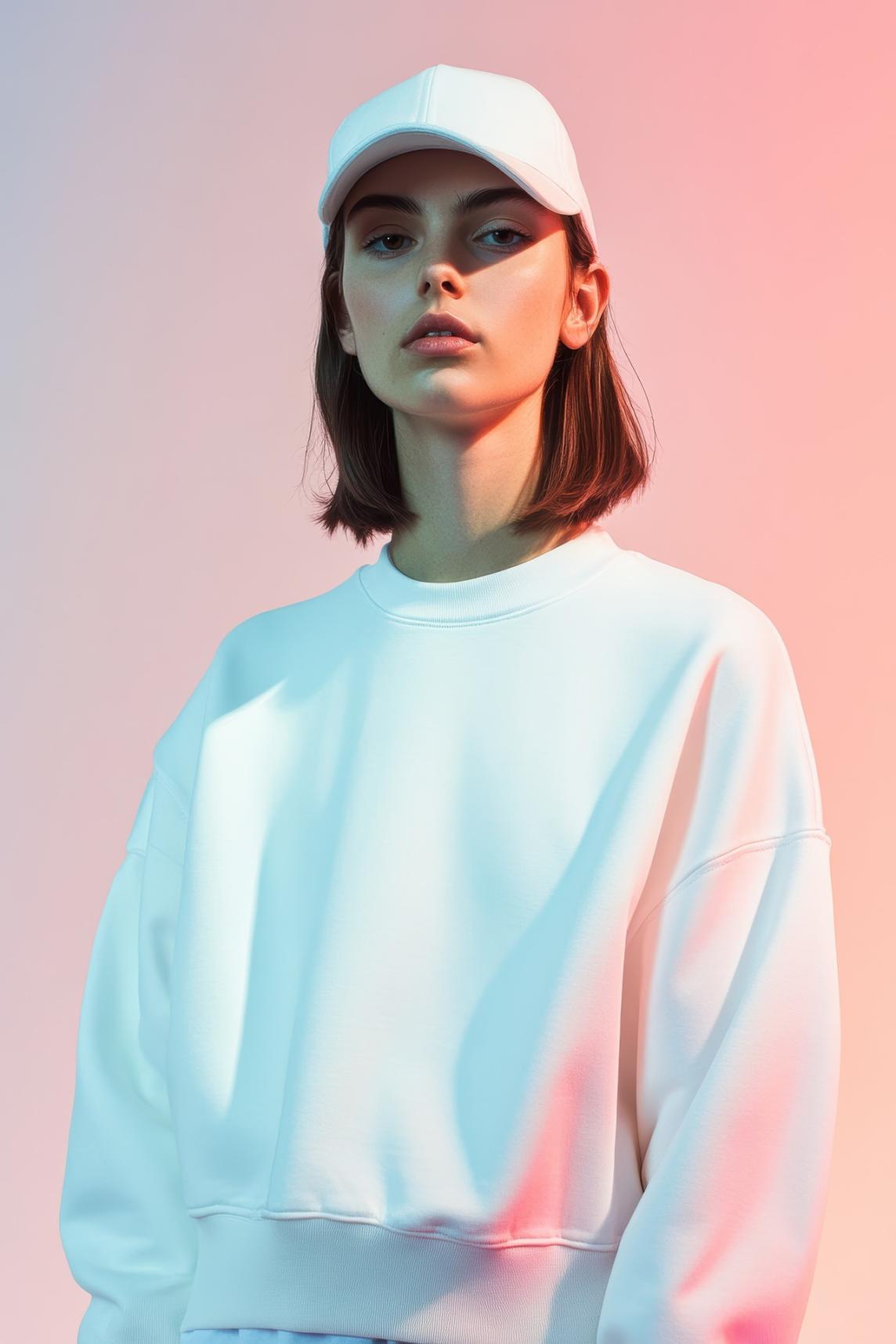 White sweatshirt with girl modeling it